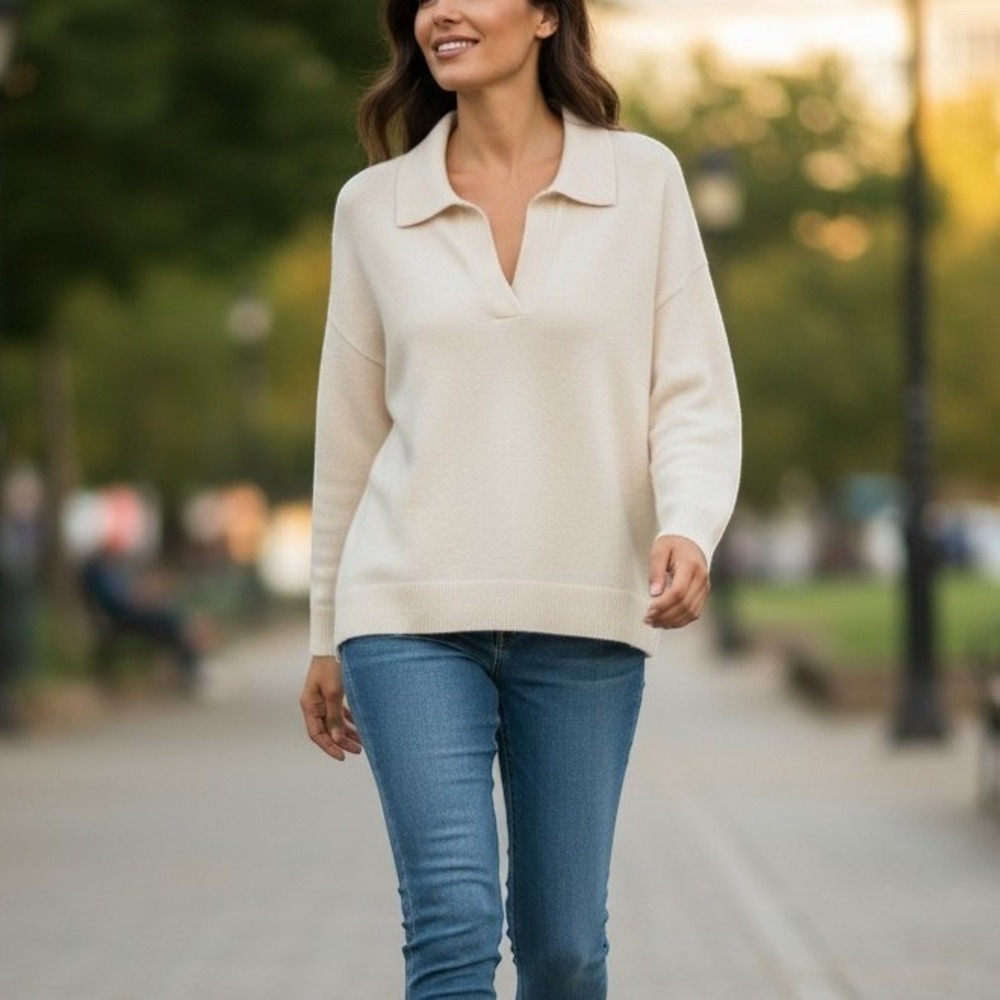 Quince Ivory 100% Mongolian Cashmere Polo V-Neck Sweater Women Large NWT Preppy